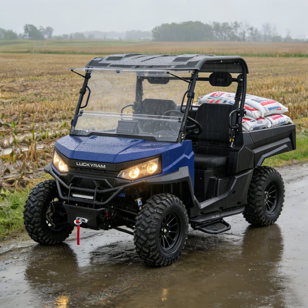 Feithicil Feirme Leictreach 73.6V 150Ah 4WD UTV le haghaidh Feirme 80-100km Raon Tarraingthe 1000kg